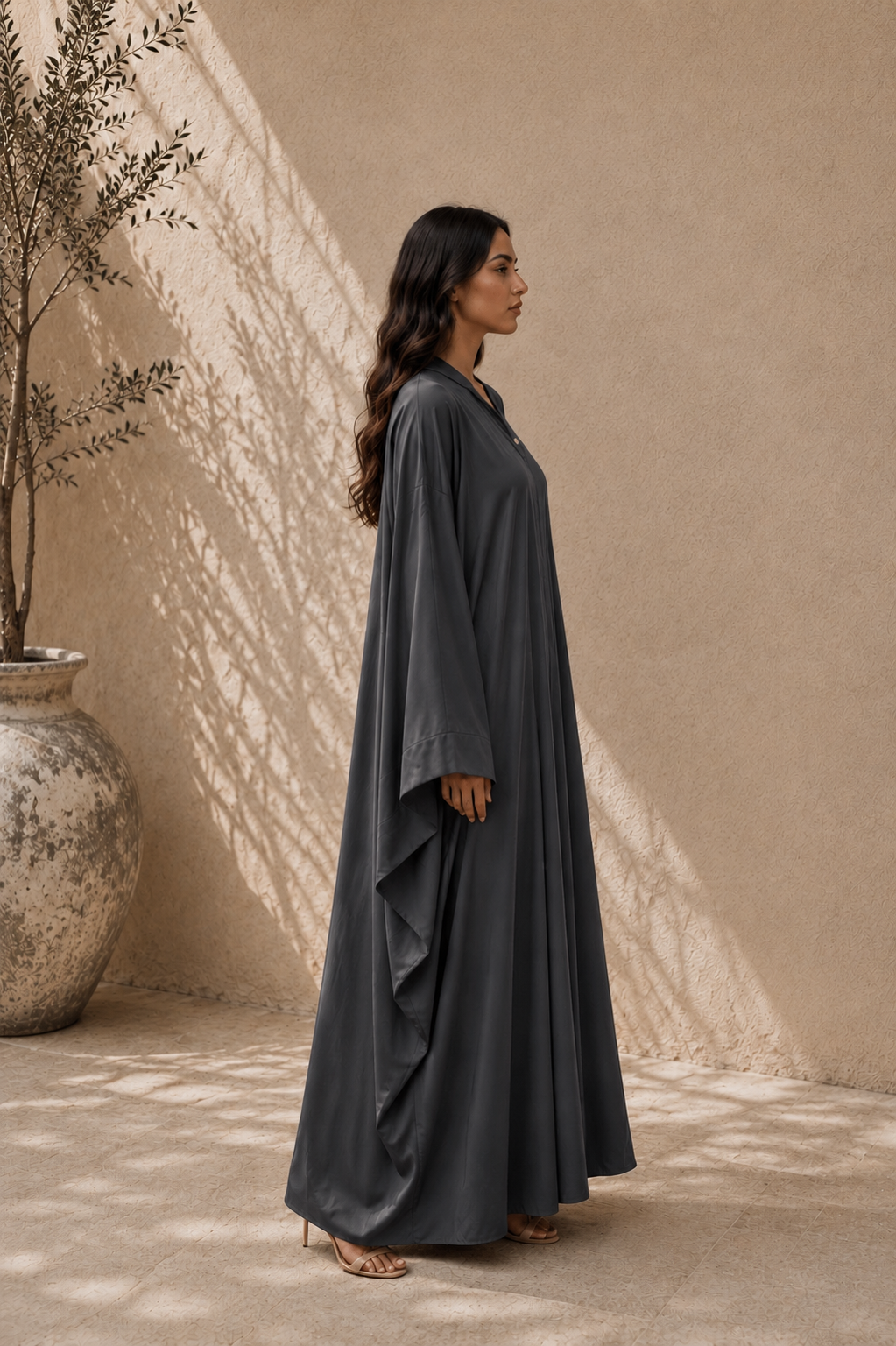 Open Abaya met Wijde Mouwen | Grijs