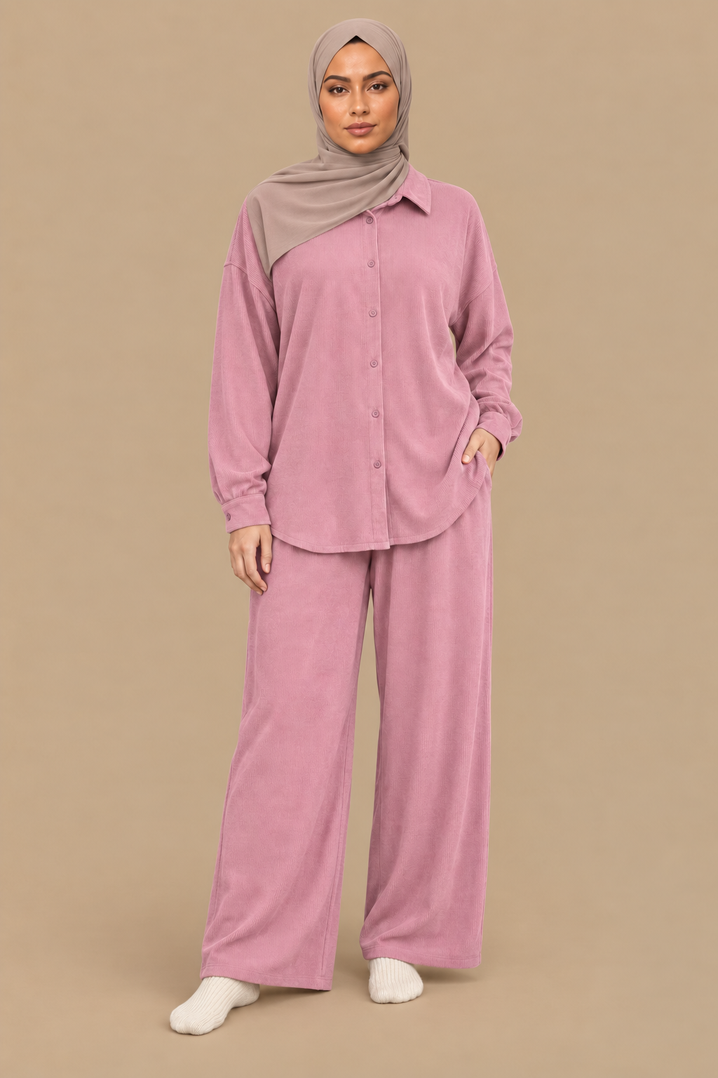 Geribbeld loungepak | Roze