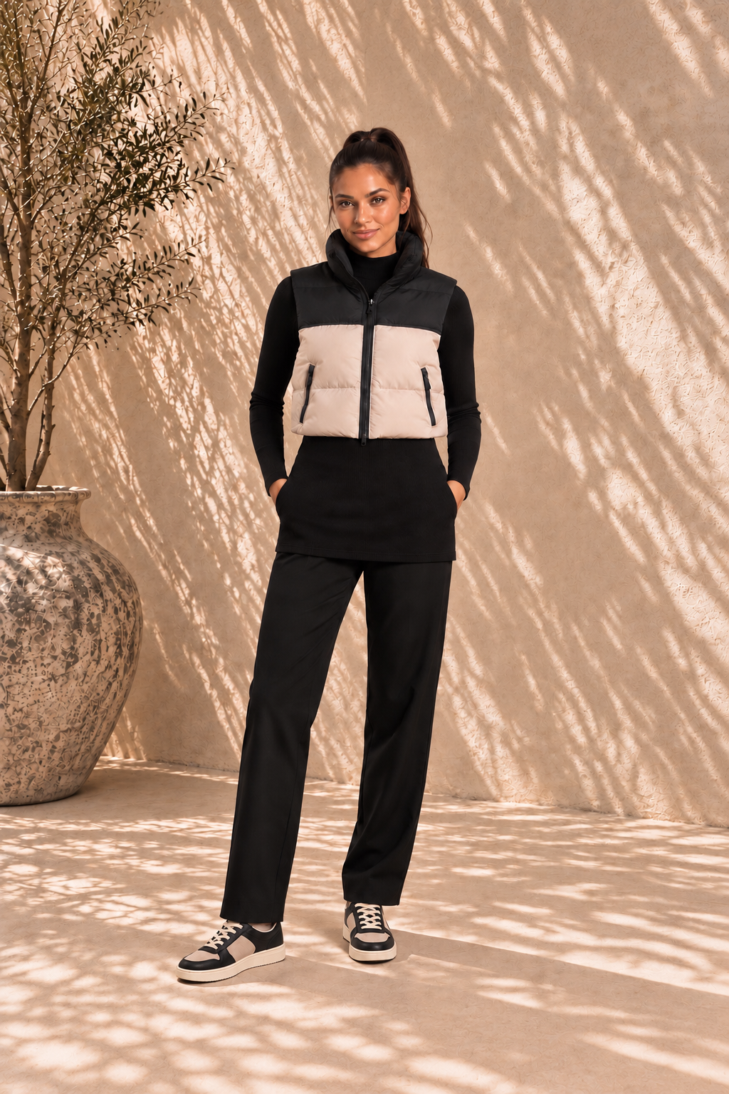 Mini puffer bodywarmer | Zwart/Greige