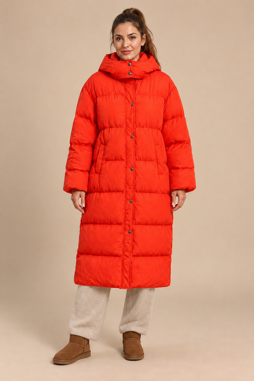 Maxi puffer jas| Oranjerood