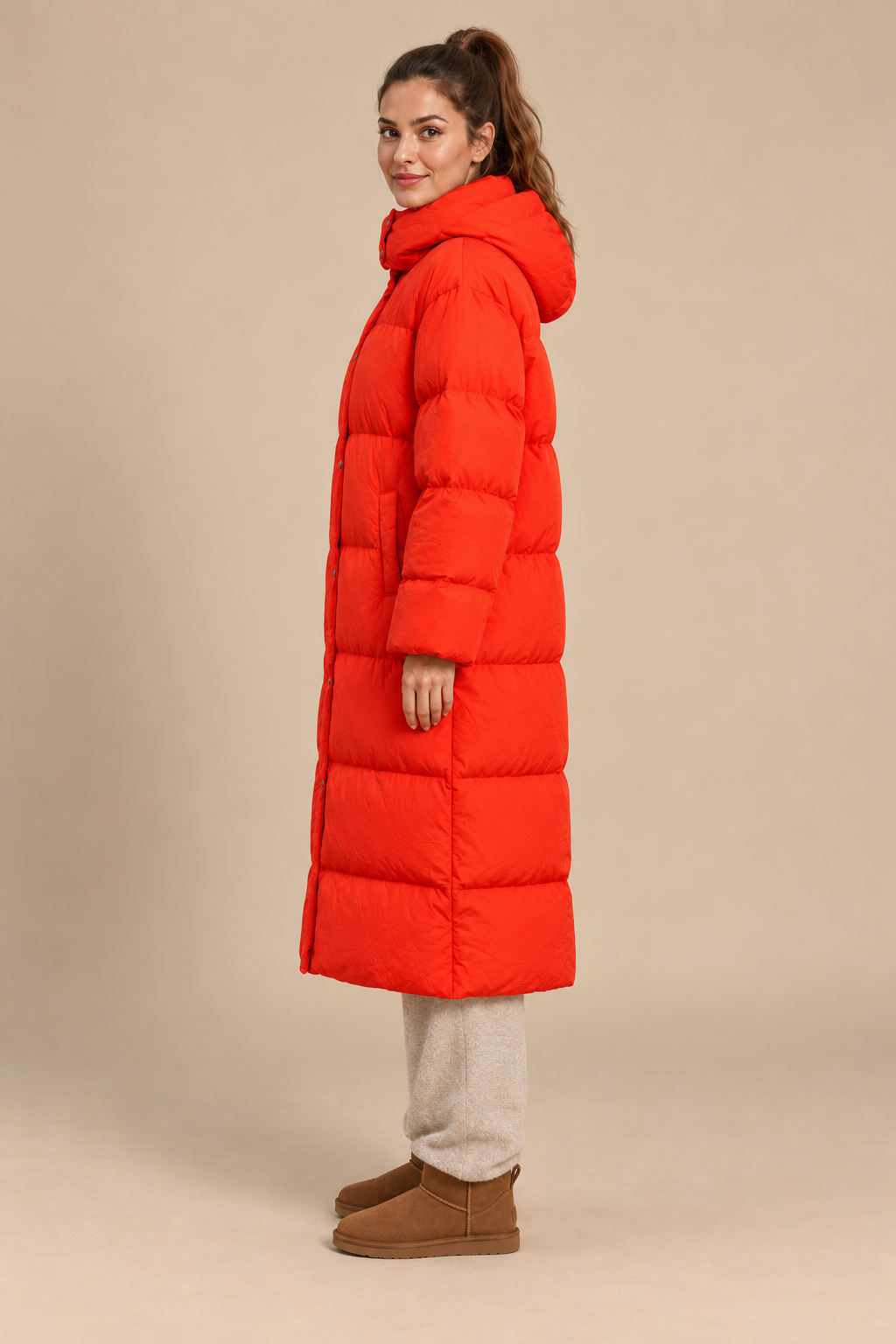 Maxi puffer jas| Oranjerood