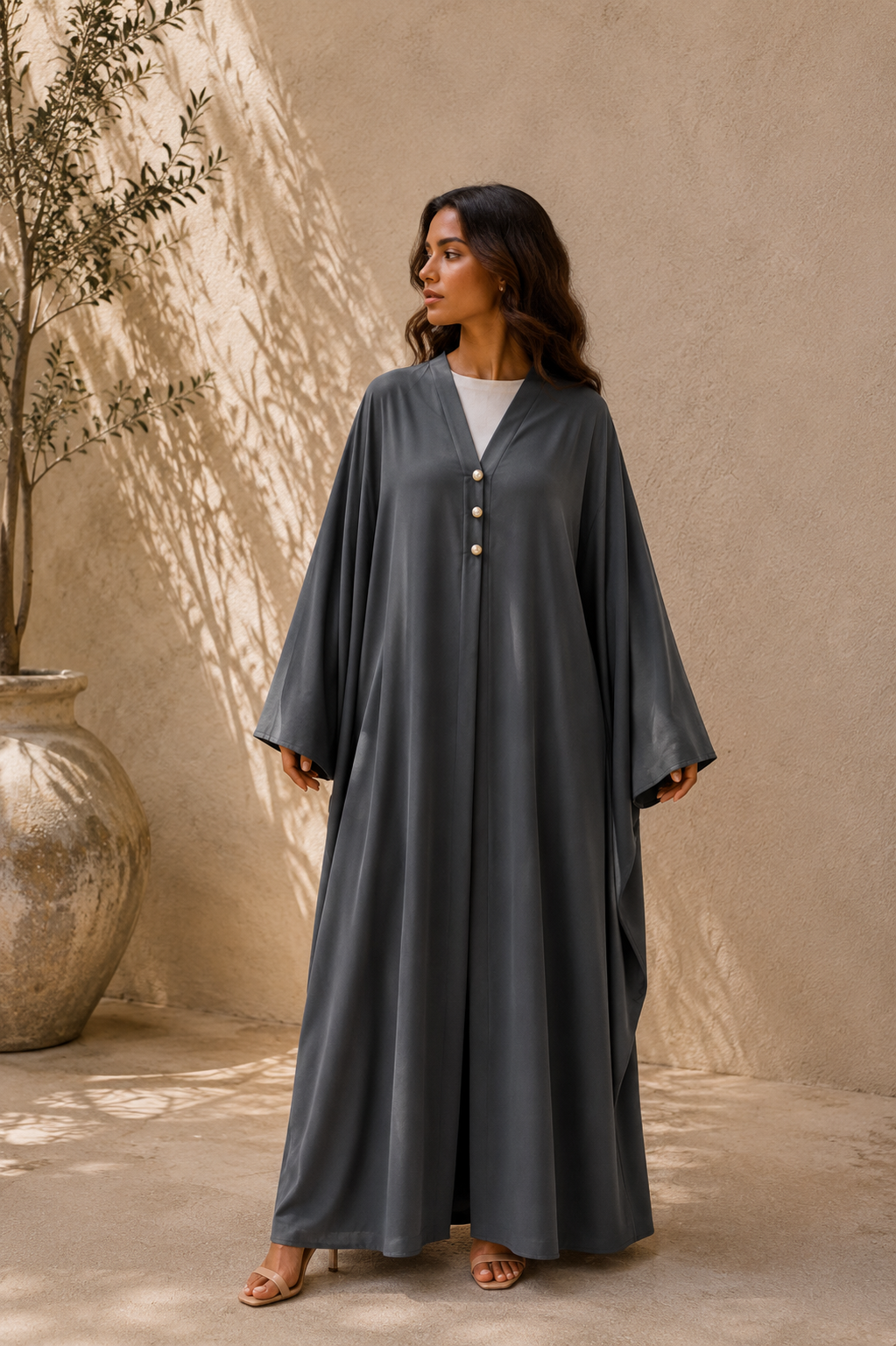 Open Abaya met Wijde Mouwen | Grijs